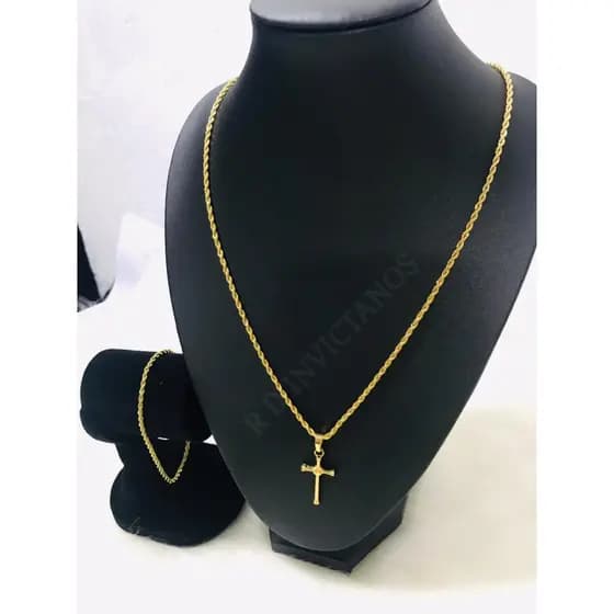 Conjunto Corrente Pulseira Pingente Cruz Folheado 65cm 4mm