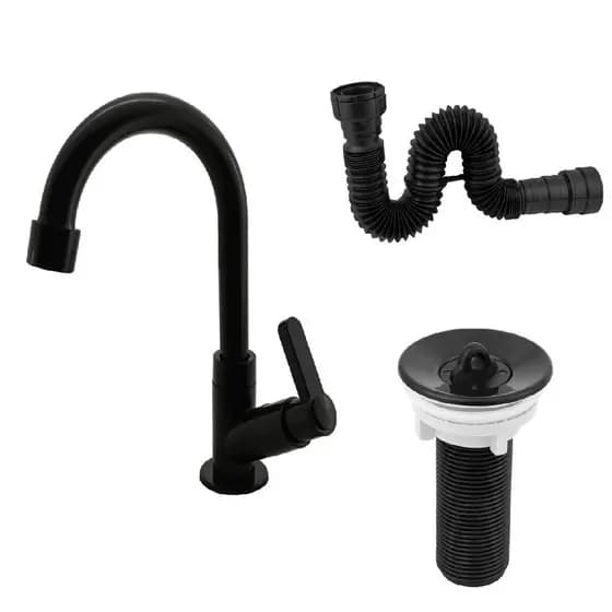 Kit Torneira Lavatorio Preto + Válvula Preta + Sifão Preto