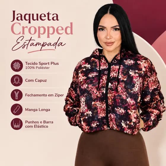 Jaqueta Cropped Corta Vento Feminina Estampada Leve Com Capuz
