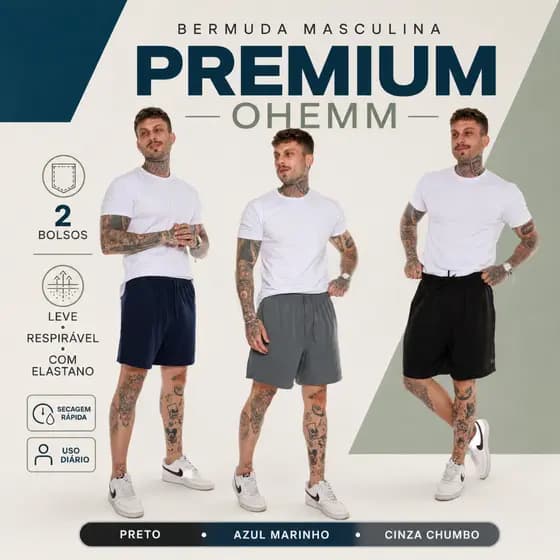 Bermuda Masculina Premium Ohemm Com Elastano Secagem Rápida Academia Verão