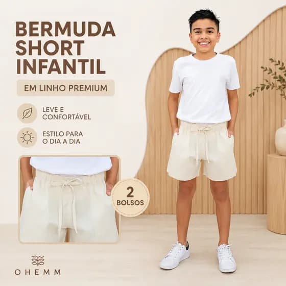 Shorts De Linho - Bermuda Infantil Menino Premium Com Bolso