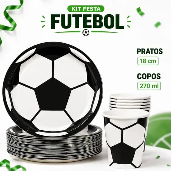 Kit 10/20/30 Prato e Copo de Papel Futebol Bola Premium Ecológico Decoração Aniversário
