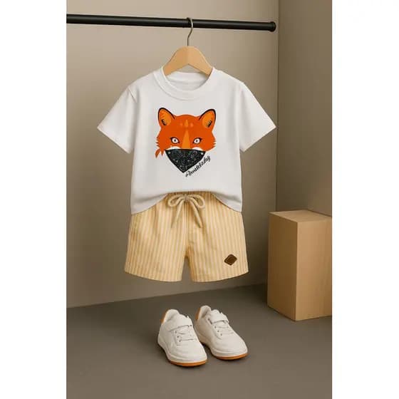 conjunto shorts verao infantil menino confortável 02 ao 12 anos | camiseta preta raposa e bermuda listras laranja