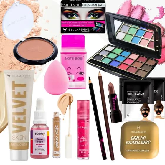 Kit Maquiagem Base Corretivo Batom Blush Pó Compacto