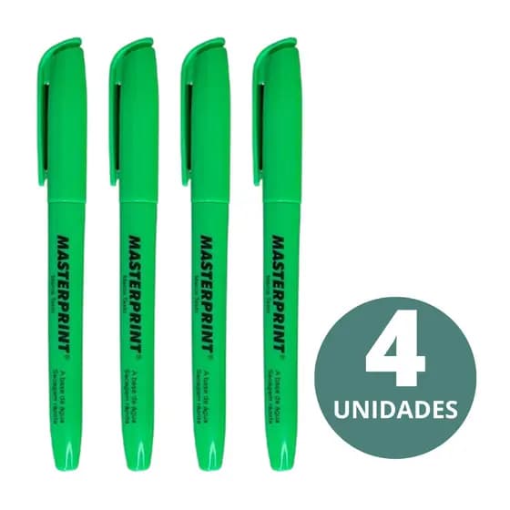 Kit Com 4 Canetas Marca Texto Verde Neon Masterprint Secagem Rápida Sem Manchas