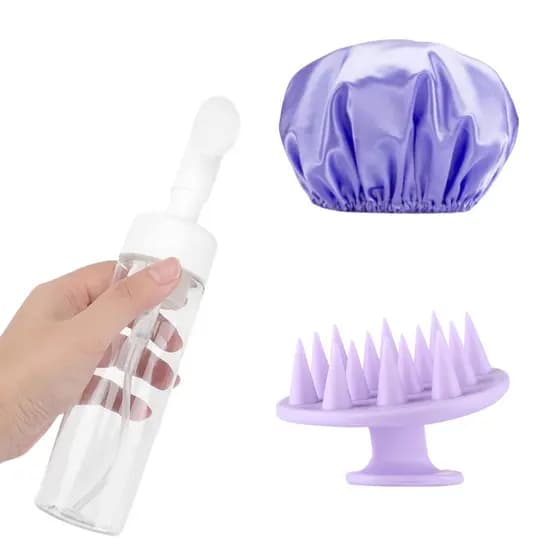 Kit Cuidados C/ Cabelo Pele Escova Massageadora + Touca Cetim + Frasco Espumador