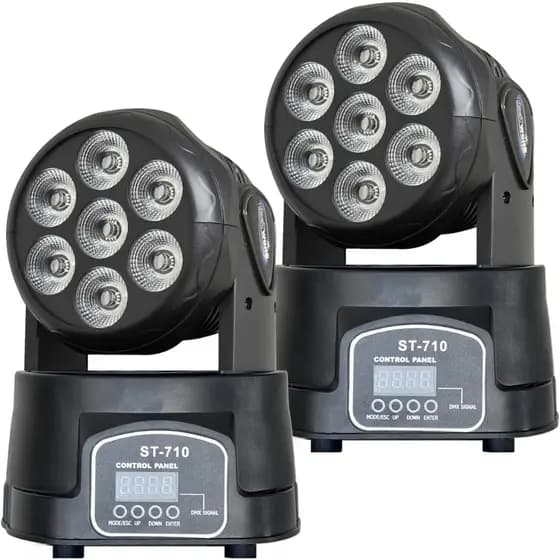 Kit 2 Moving Head Led Wash Colorido 7 Leds 12w Rgbw Dmx Sensor De Som Automatico