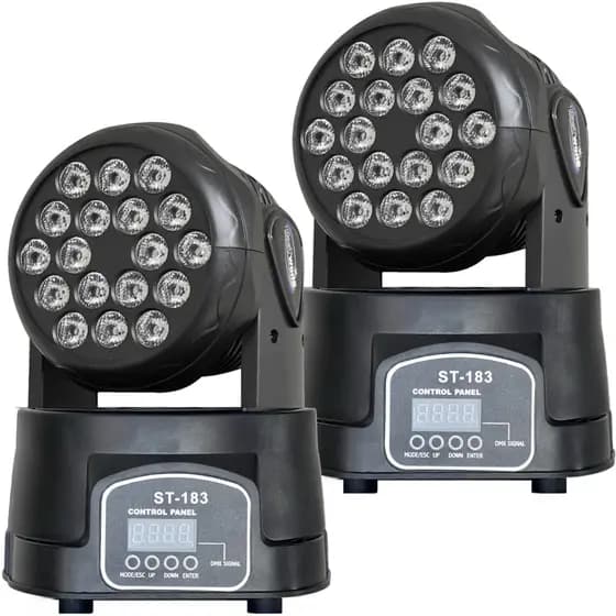Kit 2 Moving Head Led Wash Colorido 18 Leds 3w Rgb Dmx Sensor De Som Automatico