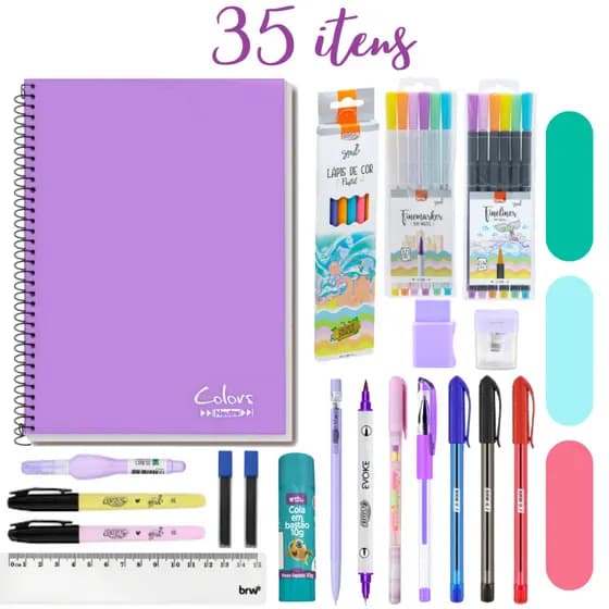 Kit Papelaria Material Escolar Tons Pastel - 35 Itens Com Caderno 10 Matérias