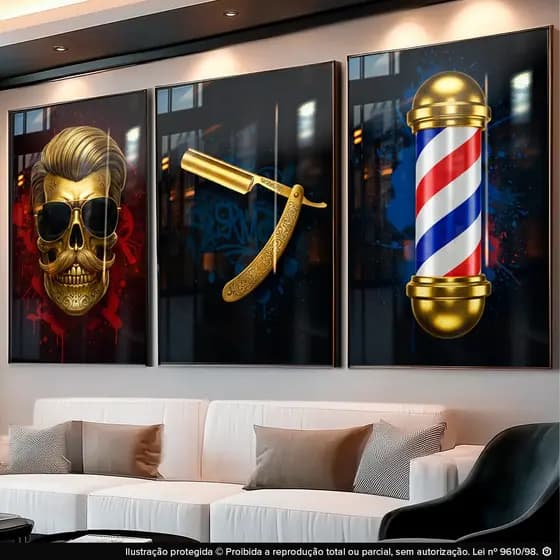 Quadros Decorativo para Barbearia Luxo Kit 3 Peças Navalha Cabelo Vermelho Preto Dourado