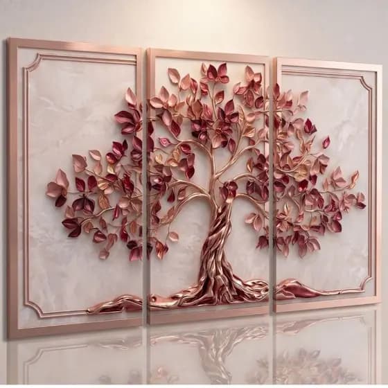 Kit Quadros Decorativo Arvore da Vida Dourada Rose Elegante Luxo Moderno MDF Quarto Sala Escritório