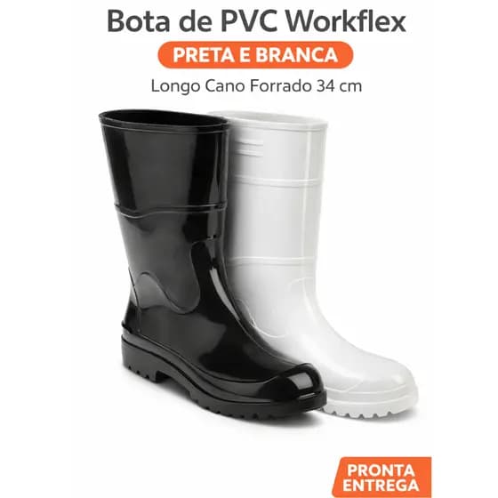 BOTA DE PVC WORKFLEX PRETO E BRANCO COM FORRO CANO LONGO 34 CM CA 39184