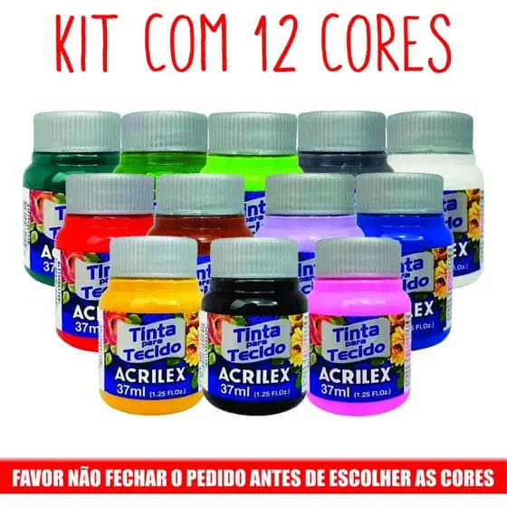 Kit Com 12 cores Tintas De Tecido Acrilex 37ml para Pintura de tecido - Escolha As Cores