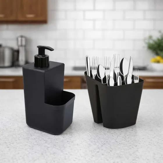 Kit 2 Pecas Escorredor Porta Talheres Divisoria + Porta Detergente Dispenser Divisoria Pia Cozinha Decoração Limpeza