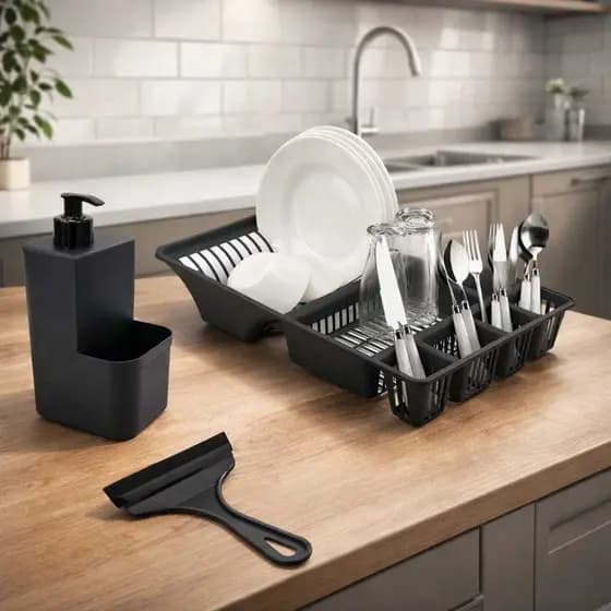 Kit Cozinha 3 Pecas Escorredor Louças Pia + Rodinho + Dispenser Porta Deterente E Esponja Organização Limpeza