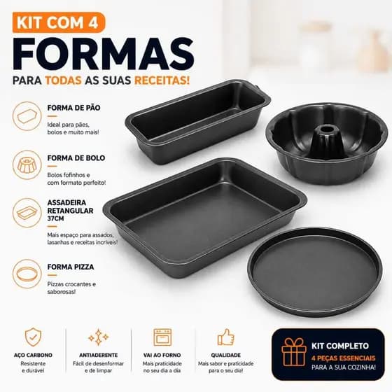 Kit 4 Pecas Forma Assadeira Pao Caseiro + Forma Grande Pizza + Forma Redonda Com Buraco Meio Bolos + Forma Retangular