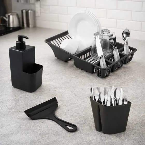 Kit 4 Pecas Com Rodinho Pia Cozinha + Escorredor De Louças + Porta Detergente Com Dispenser + Escorredor Porta Talheres
