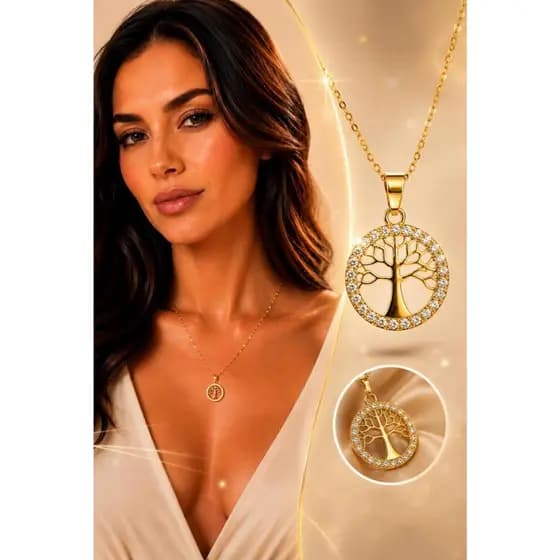 Colar Árvore Da Vida Pingente Folheado Dourado com pedras zircônia