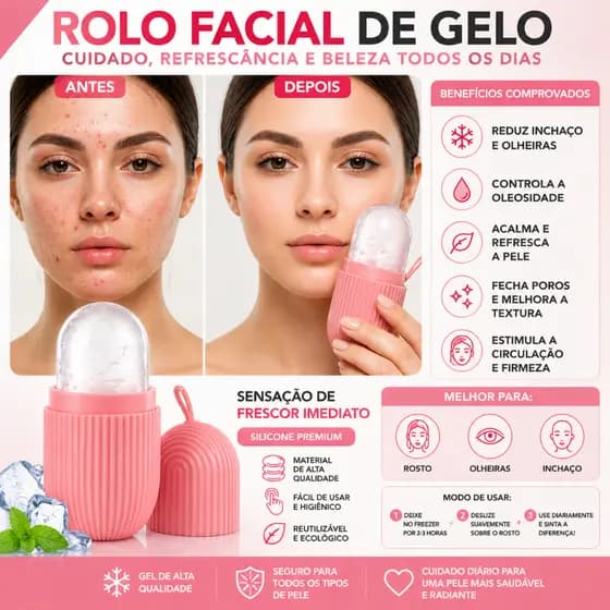 Rolo Facial de Gelo Silicone Cuidado Facial Massageador Rosto Olheiras Aliviar Inchaço Beleza Skincare