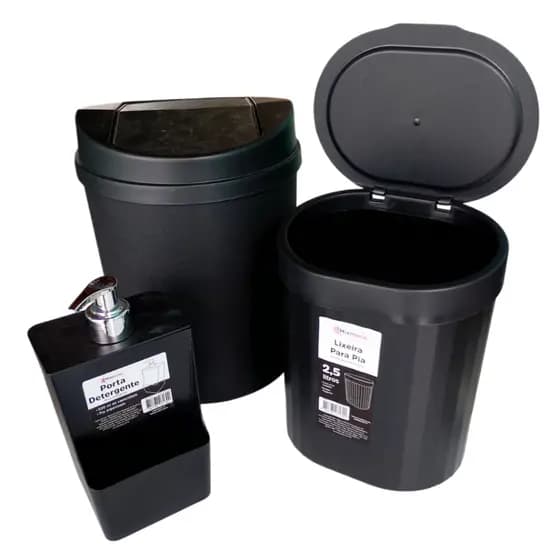 Kit Conjunto Cozinha Lixeira de Pia 2,5 litros Porta Detergente Lixeira 5 Litros