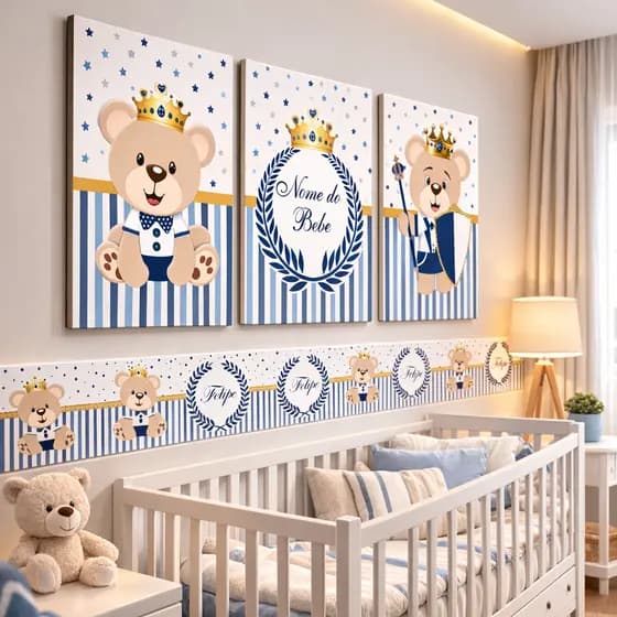 Kit Quadros Decorativos + 3 Faixas Adesivas de Parede Urso Principe Personalizado Nome Infantil Menino