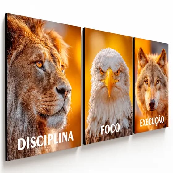 Quadro Decorativo Leão Aguia Lobo Disciplina Inteligencia Foco Motivacional Sala Luxo