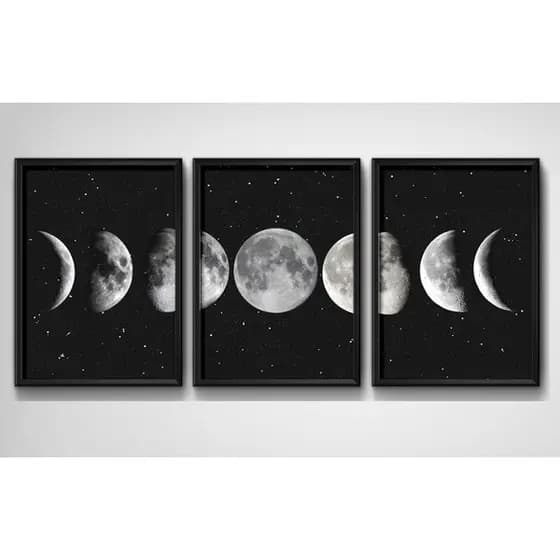 Kit Quadros Decorativo Placa 3 peças As Fases da Lua Preto e Branco Universo Casa Sala Quarto Hall
