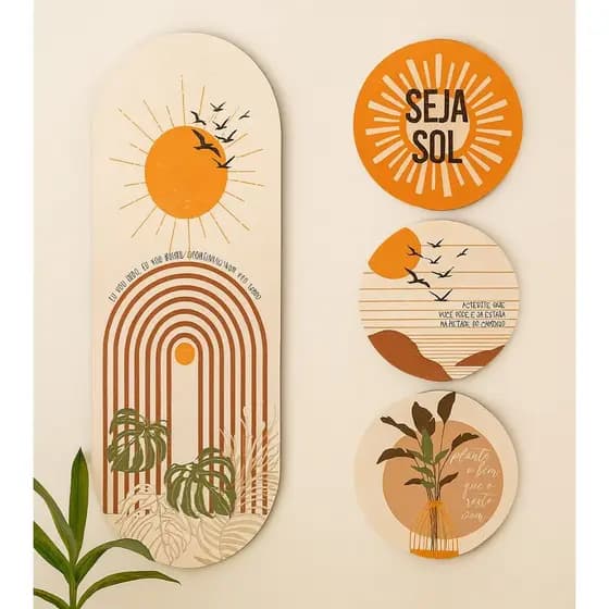 Kit 4 Placas MDF Boho Minimalista Decorativas Sala Quarto Escritório Sol Pássaro Folhagem Terracota