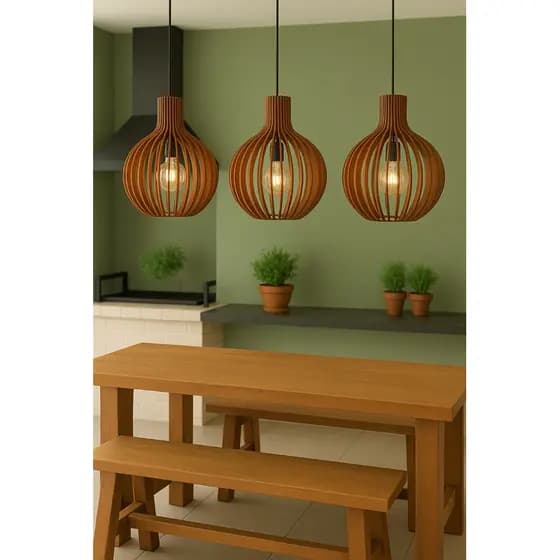 kit 3 lustre pendente luminaria de madeira 28x34 cm soquete e27 - 1 Metro De Cabo -3gmm