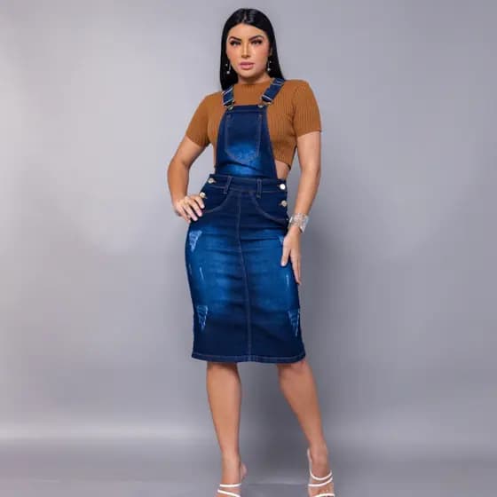 Jardineira Salopete Macacão Jeans Feminino Saia | Denim