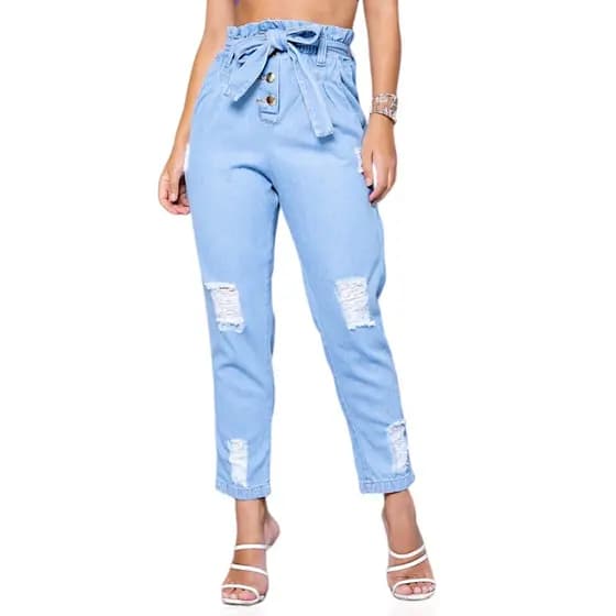 Calça Jeans Feminina Cintura Alta Mom Jogger Destroyed
