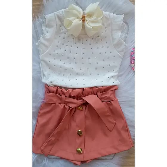 Short Saia Infantil Menina com Cinto e Botões Dourados Roupa Primavera / Verão