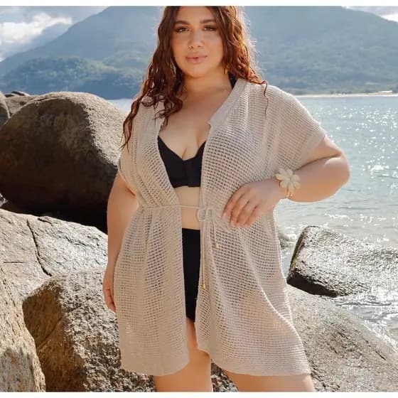 Kimono Curto Plus Size Manguinha De Amarrar Saída de Praia Feminina Plus