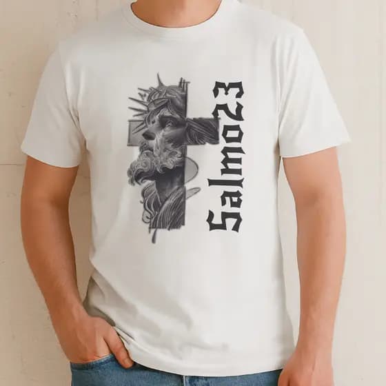 Camiseta Masculina Feminina 100% Algodão Estampa DTF T-Shirt Jesus Cruz Moda Cristã Fé Salmo 23