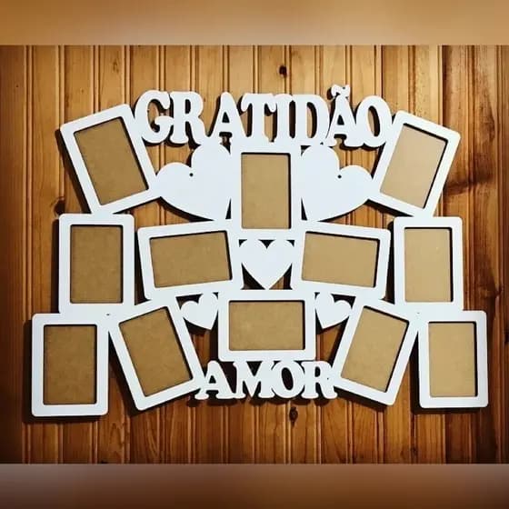 Painel de Fotos Gratidão Amor MDF | Porta Retrato Decorativo para 12 Fotos 10x15 | Decoração Parede