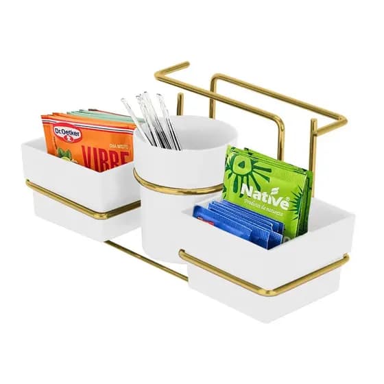 Organizador suporte para Sachês chá açucar Mexedor e Guardanapos Dourado branco Future 1224BCD