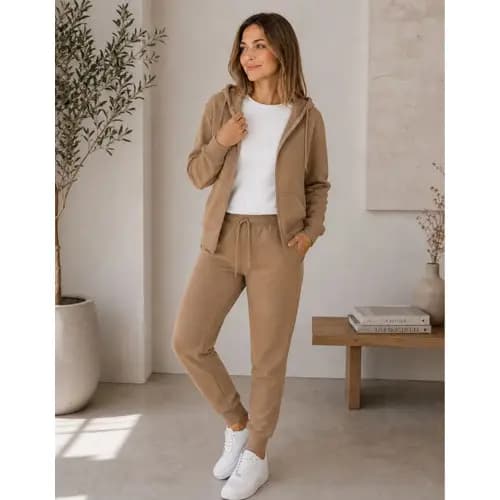 Conjunto Moletom Com Capuz Blusa Zíper Calça Bolsos Feminino