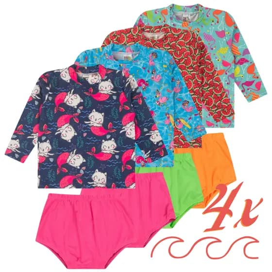 Kit 4 Conjunto Uv Infantil Blusa Menina Proteção Solar Bebê Moda Praia