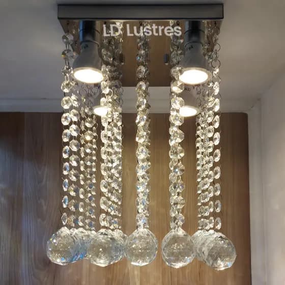 Lustre de Cristal Chuva Reta Base de Inox 20x20cm com 40cm Altura para Sacada, Hall de Entrada