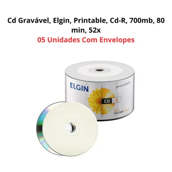 Cd Gravável, Elgin, Printable, Cd-R, 700mb, 80 min, 52x - 5 Unidades Com Envelopes