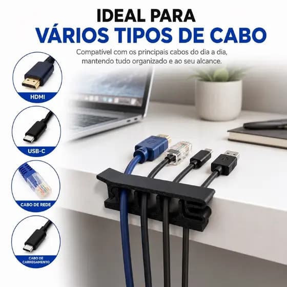 Organizador de Cabos Escritorio Mesa PLA com 4 Entradas para HDMI, USB-C e Rede Clipe Multifuncional, Fácil de Usar