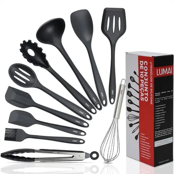 Lumai Kit Utensílios Silicone Cozinha 10 Peças Espátula Colher Concha Pegador Inox Miami