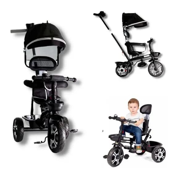 Carrinho de Passeio Infantil Bebê Triciclo Com Empurrador Confort Preto