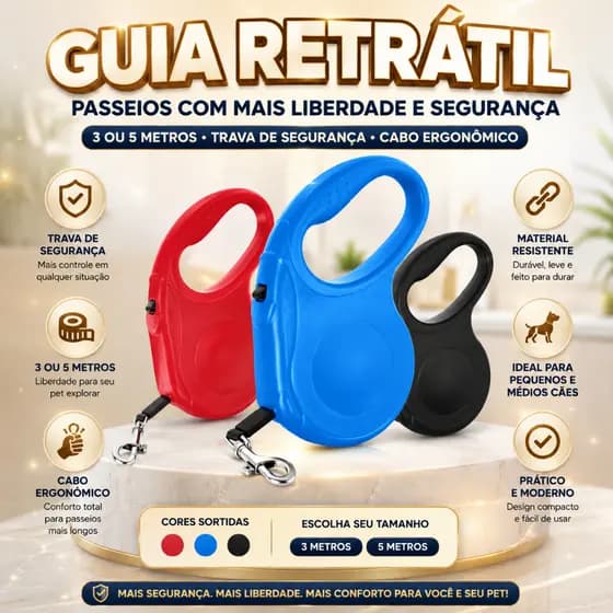 Guia Retrátil Cães 3m 5m Reforçada Trava Segurança Premium