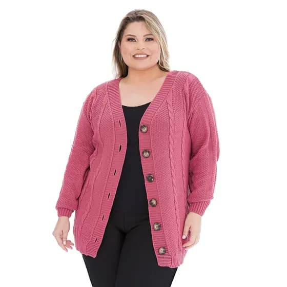 Blusa Casaco De Frio Botão Trançado Tricot trabalhado Plus Size Inverno - 011