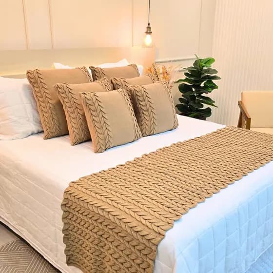 Kit Peseira Manta Tricot Sofá Cama Casal Queen King Aconchego Home Decor + 4 Capas Almofadas