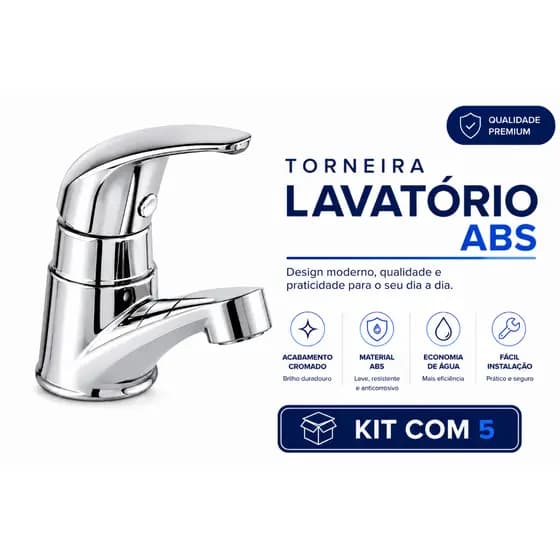 Torneira Lavatório Banheiro ABS Cromada Premium | Fácil Instalação | Kit 5 Unidades