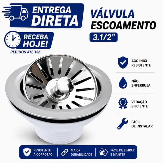 Válvula Escoamento 3.1/2 Inox Polido Premium | Pia Cozinha | Kit 1, 2, 3, 4 e 5 Unidades | Entrega Direta