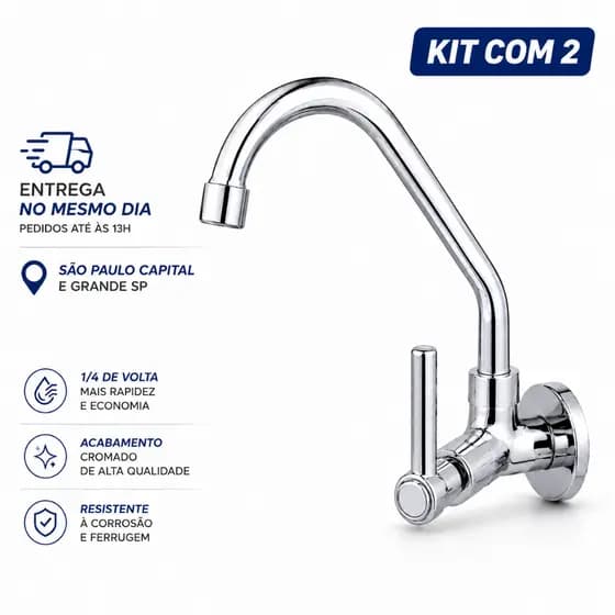 Torneiras Gourmet Cozinha Parede Metal Cromado Bica Móvel 1/4 Volta Luxo | 2 Unidades