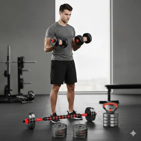 Kit Treino Funcional Halteres Barra Supino Kettlebell Preto Ajustavel Academia em Casa